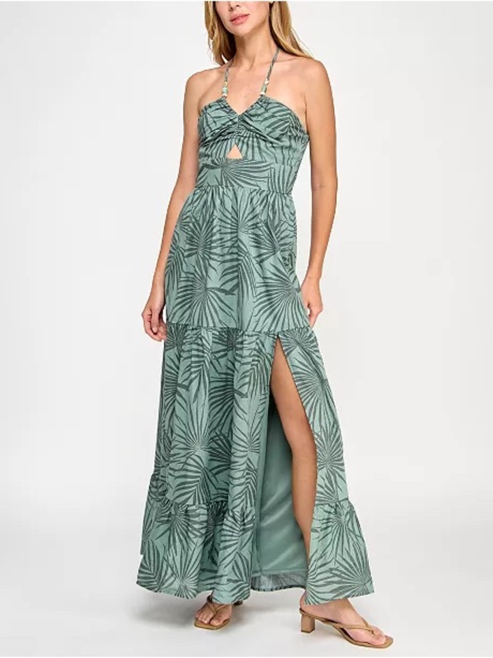 Trixxi Green Tropical Print Halter Tiered Summer Maxi Dress NWT Small